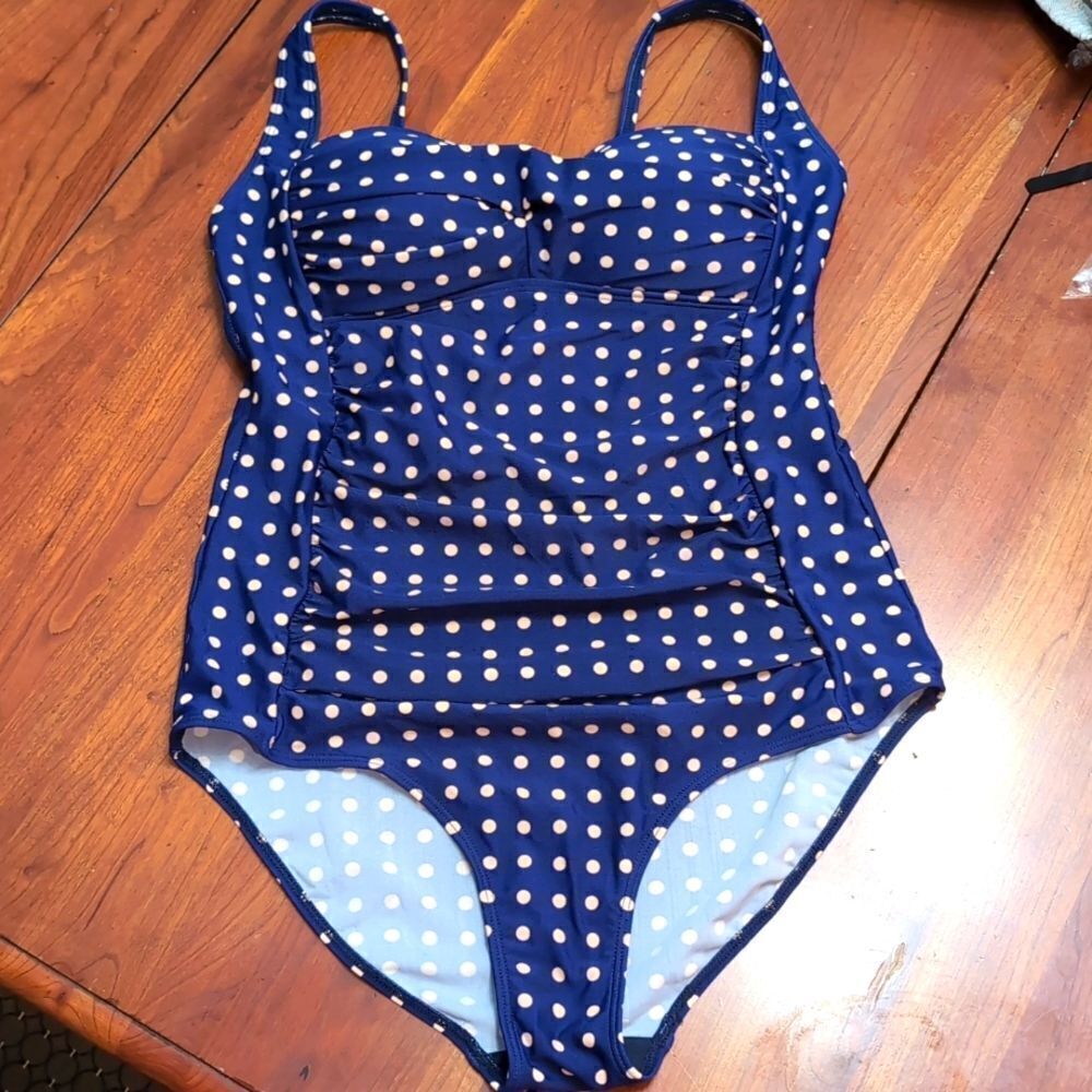 Romenza Targo One Piece Swimsuit Bathing Suit Blue Polka Dot Sz L